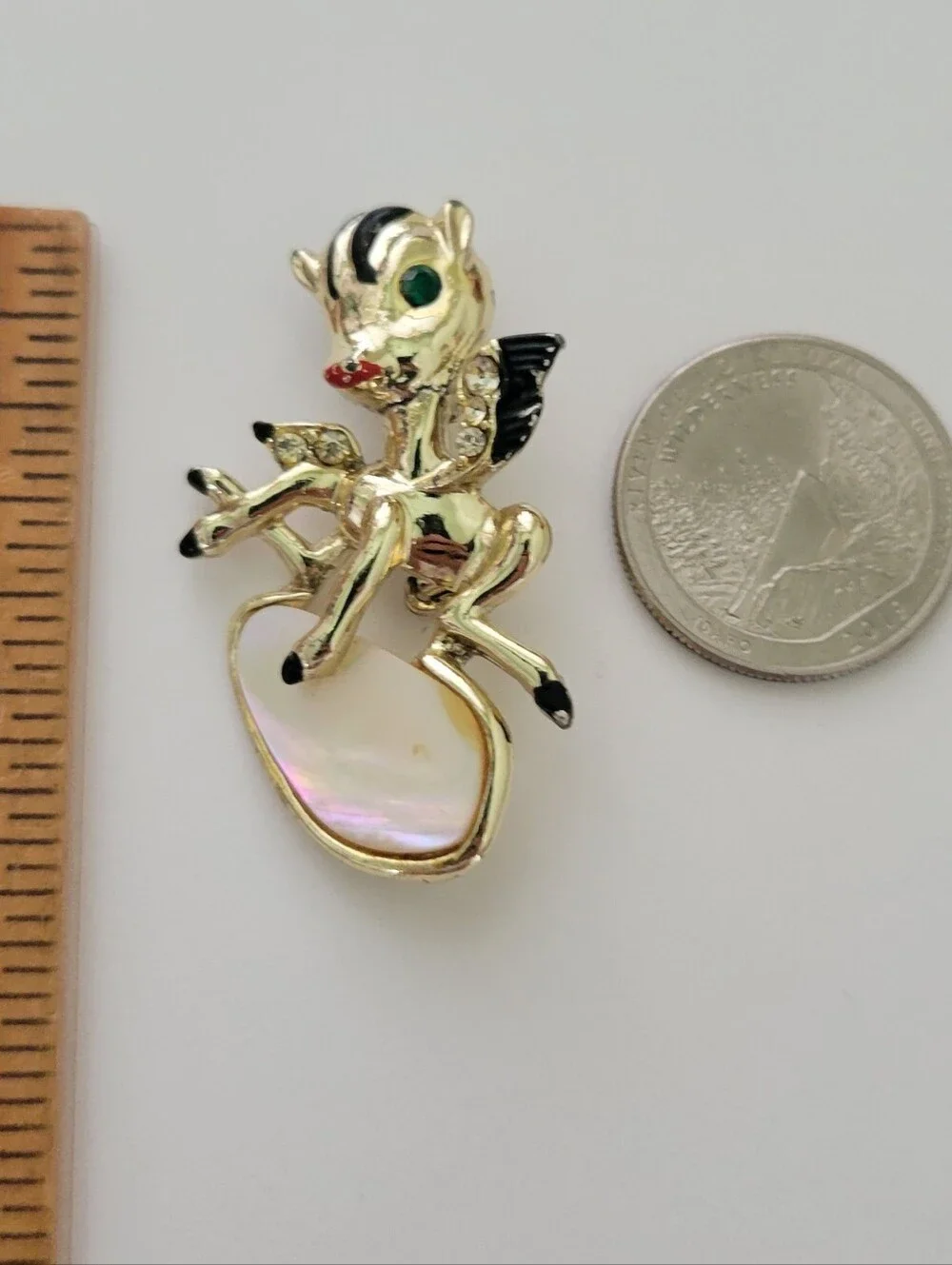 Vtg Pegasus Donkey Horse Brooch Pin Mother Of Pearl Mop Rhinestone Enamel Fairy